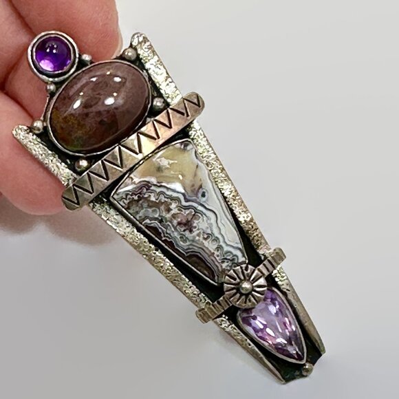 Jewelry - Unique Pendant, Brooch, Sterling Silver, Amethyst, Jasper, Crazy Lace Agate